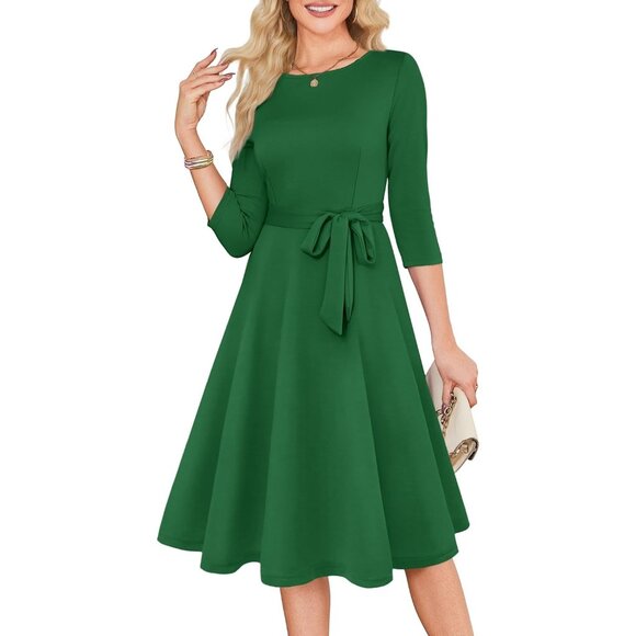 Women's Green 3/4 Sleeve Vintage Flattering A-line Vintage Cocktail Dresses - Picture 2 of 5